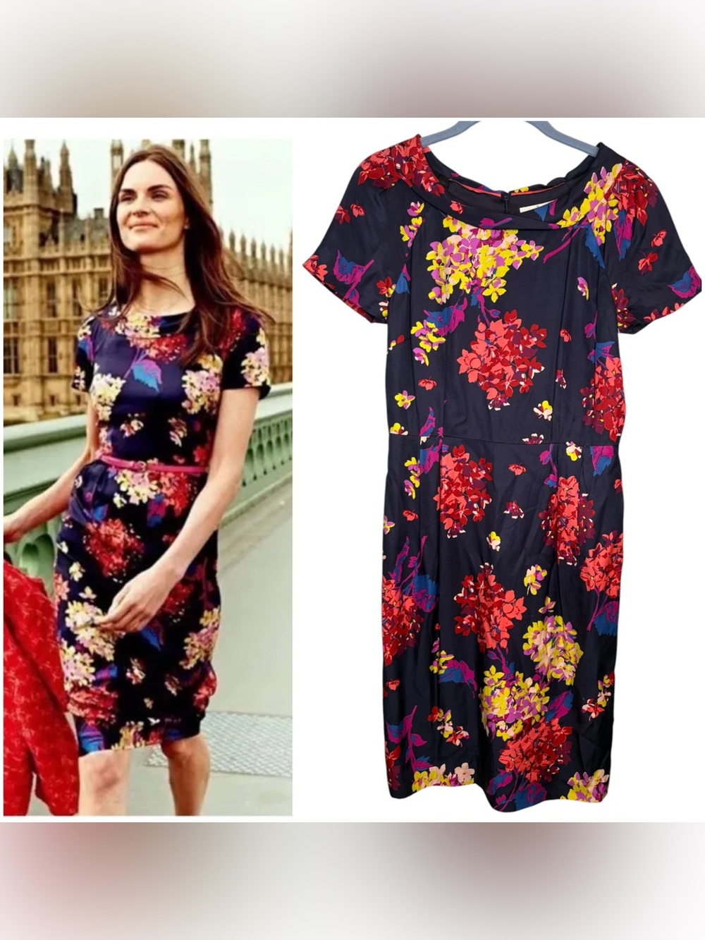 Boden silk sheath dress floral Navy blue multicolor flowers women’s size 4